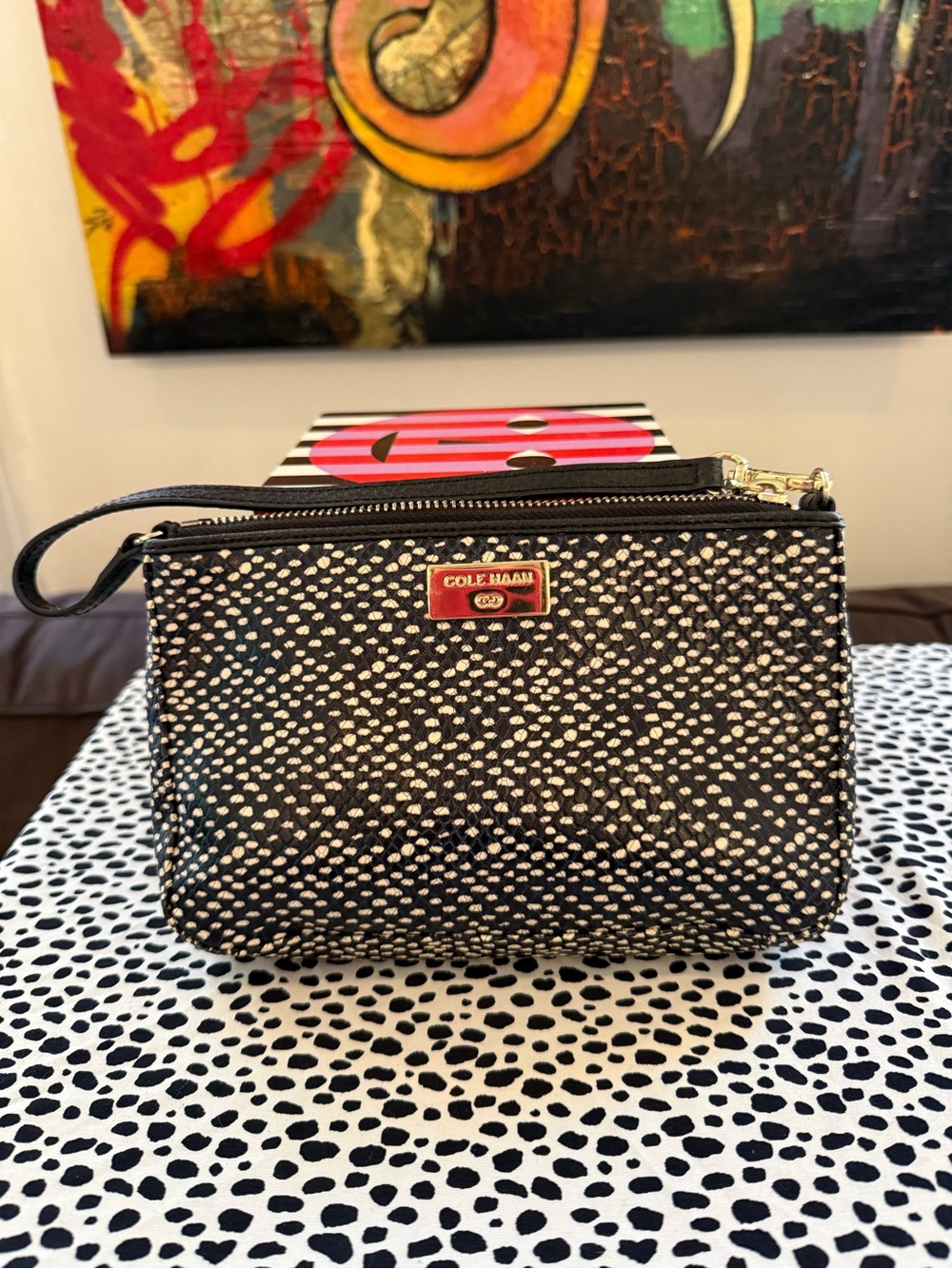 Cole Haan Black and White Pebbled Wristlet with Gold Accent